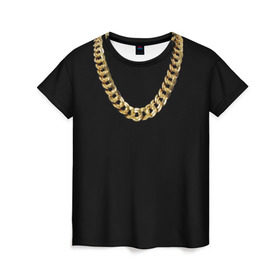 Женская футболка 3D с принтом Золотая цепь в Курске, 100% полиэфир ( синтетическое хлопкоподобное полотно) | прямой крой, круглый вырез горловины, длина до линии бедер | драгоценность | золотая цепь | золото | украшение | фон | черный
