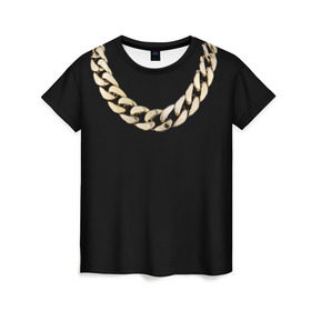 Женская футболка 3D с принтом Золотая цепь в Курске, 100% полиэфир ( синтетическое хлопкоподобное полотно) | прямой крой, круглый вырез горловины, длина до линии бедер | драгоценность | золотая цепь | золото | украшение | фон | черный