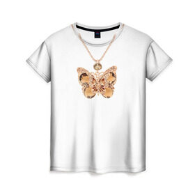 Женская футболка 3D с принтом Золотая бабочка в Курске, 100% полиэфир ( синтетическое хлопкоподобное полотно) | прямой крой, круглый вырез горловины, длина до линии бедер | бабочка