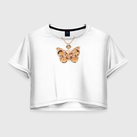 Женская футболка 3D укороченная с принтом Золотая бабочка в Курске, 100% полиэстер | круглая горловина, длина футболки до линии талии, рукава с отворотами | бабочка