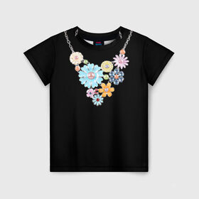 Детская футболка 3D с принтом Ожерелье в Курске, 100% гипоаллергенный полиэфир | прямой крой, круглый вырез горловины, длина до линии бедер, чуть спущенное плечо, ткань немного тянется | белое | бижутерия | бусы | золото | камни | ожерелье | украшение | цветы | цепь