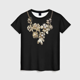 Женская футболка 3D с принтом Золотое ожерелье в Курске, 100% полиэфир ( синтетическое хлопкоподобное полотно) | прямой крой, круглый вырез горловины, длина до линии бедер | бриллианты | драгоценность | золото | золотые | лепестки | ожерелье | роза | цветы | цепь