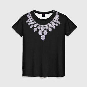 Женская футболка 3D с принтом Бриллиантовое ожерелье в Курске, 100% полиэфир ( синтетическое хлопкоподобное полотно) | прямой крой, круглый вырез горловины, длина до линии бедер | бриллианты | драгоценность | золотое ожерелье | камни | лепестки | цепь