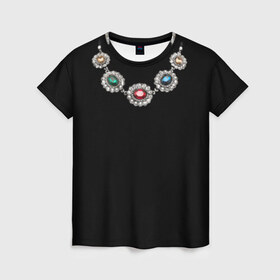 Женская футболка 3D с принтом Ожерелье в Курске, 100% полиэфир ( синтетическое хлопкоподобное полотно) | прямой крой, круглый вырез горловины, длина до линии бедер | бриллианты | драгоценность | золото | золотое | камни | ожерелье | цепь