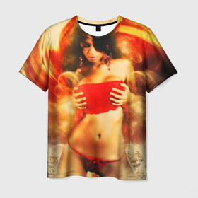 Мужская футболка 3D с принтом Огненная девушка в Курске, 100% полиэфир | прямой крой, круглый вырез горловины, длина до линии бедер | брюнетка | ветер | вихрь | девушка | красный | огненная | огонь | страсть