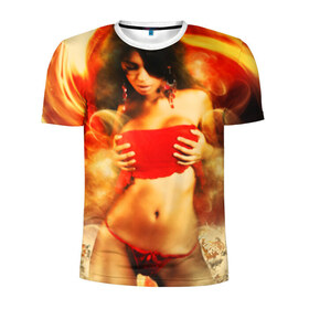 Мужская футболка 3D спортивная с принтом Огненная девушка в Курске, 100% полиэстер с улучшенными характеристиками | приталенный силуэт, круглая горловина, широкие плечи, сужается к линии бедра | брюнетка | ветер | вихрь | девушка | красный | огненная | огонь | страсть