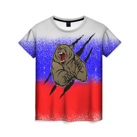 Женская футболка 3D с принтом Свирепый медведь в Курске, 100% полиэфир ( синтетическое хлопкоподобное полотно) | прямой крой, круглый вырез горловины, длина до линии бедер | русь