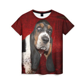 Женская футболка 3D с принтом Бассет-хаунд в Курске, 100% полиэфир ( синтетическое хлопкоподобное полотно) | прямой крой, круглый вырез горловины, длина до линии бедер | бархат | бассет хаунд | взгляд | домашнее | животное | порода | собака | уши