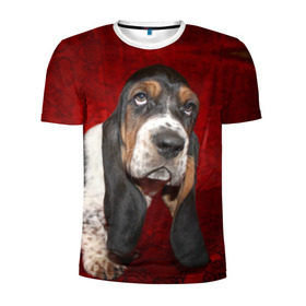 Мужская футболка 3D спортивная с принтом Бассет-хаунд в Курске, 100% полиэстер с улучшенными характеристиками | приталенный силуэт, круглая горловина, широкие плечи, сужается к линии бедра | бархат | бассет хаунд | взгляд | домашнее | животное | порода | собака | уши