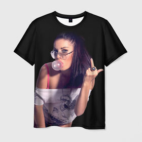Мужская футболка 3D с принтом Девушка с жвачкой в Курске, 100% полиэфир | прямой крой, круглый вырез горловины, длина до линии бедер | взгляд | девушка | жвачка | жевательная | очки | палец | перстень | показывает | пузырь | резинка | средний