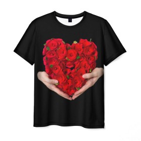 Мужская футболка 3D с принтом Сердце в руках в Курске, 100% полиэфир | прямой крой, круглый вырез горловины, длина до линии бедер | 8 марта | любовь | подарок | праздник | розы | руки | сердце