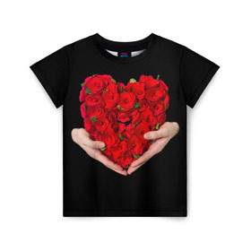 Детская футболка 3D с принтом Сердце в руках в Курске, 100% гипоаллергенный полиэфир | прямой крой, круглый вырез горловины, длина до линии бедер, чуть спущенное плечо, ткань немного тянется | 8 марта | любовь | подарок | праздник | розы | руки | сердце