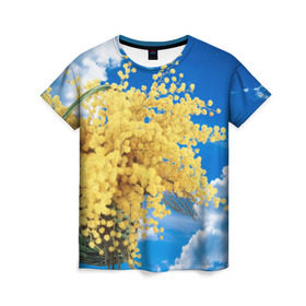 Женская футболка 3D с принтом Мимозы в Курске, 100% полиэфир ( синтетическое хлопкоподобное полотно) | прямой крой, круглый вырез горловины, длина до линии бедер | 8 марта | весна | мимозы | небо | облака | цветы