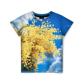 Детская футболка 3D с принтом Мимозы в Курске, 100% гипоаллергенный полиэфир | прямой крой, круглый вырез горловины, длина до линии бедер, чуть спущенное плечо, ткань немного тянется | 8 марта | весна | мимозы | небо | облака | цветы