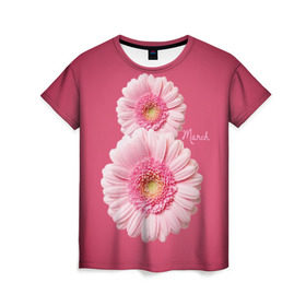 Женская футболка 3D с принтом Гарберы в Курске, 100% полиэфир ( синтетическое хлопкоподобное полотно) | прямой крой, круглый вырез горловины, длина до линии бедер | 8 марта | гарберы | день | женский | международный | праздник | розовые | цветы