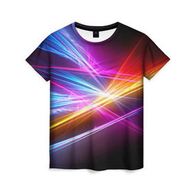Женская футболка 3D с принтом Лучи в Курске, 100% полиэфир ( синтетическое хлопкоподобное полотно) | прямой крой, круглый вырез горловины, длина до линии бедер | кислотный | лучи | обстракция | радуга | свет | спектр | цвет | цвета | яркие