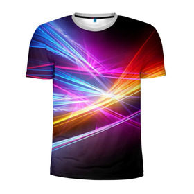 Мужская футболка 3D спортивная с принтом Лучи в Курске, 100% полиэстер с улучшенными характеристиками | приталенный силуэт, круглая горловина, широкие плечи, сужается к линии бедра | Тематика изображения на принте: кислотный | лучи | обстракция | радуга | свет | спектр | цвет | цвета | яркие