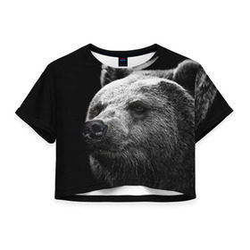 Женская футболка 3D укороченная с принтом Медведь в Курске, 100% полиэстер | круглая горловина, длина футболки до линии талии, рукава с отворотами | бурый | дикий | животное | медведь | россия | символ | тайги | фото | хищник | хозяин | черно белое