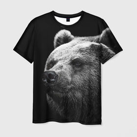 Мужская футболка 3D с принтом Медведь в Курске, 100% полиэфир | прямой крой, круглый вырез горловины, длина до линии бедер | бурый | дикий | животное | медведь | россия | символ | тайги | фото | хищник | хозяин | черно белое