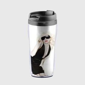 Термокружка-непроливайка с принтом Lady Gaga в Курске, внутренняя часть — пищевой пластик, наружная часть — прозрачный пластик, между ними — полиграфическая вставка с рисунком | объем — 350 мл, герметичная крышка | Тематика изображения на принте: lady gaga | блондинка | звезда | знаменитость | леди гаага | певица | поп | эпатаж | эпатажная
