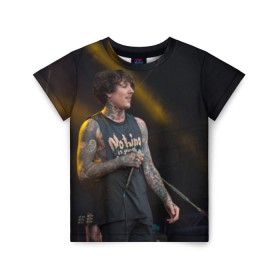 Детская футболка 3D с принтом Oli Sykes в Курске, 100% гипоаллергенный полиэфир | прямой крой, круглый вырез горловины, длина до линии бедер, чуть спущенное плечо, ткань немного тянется | Тематика изображения на принте: bring me the horizon | oliver sykes | sempiternal | that’s the spirit | throne | оливер сайкс