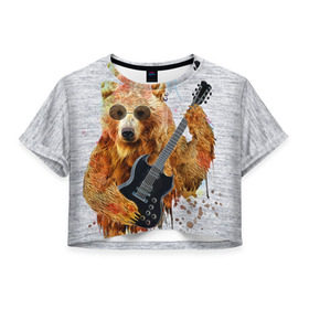 Женская футболка 3D укороченная с принтом Медведь с гитарой в Курске, 100% полиэстер | круглая горловина, длина футболки до линии талии, рукава с отворотами | гитара