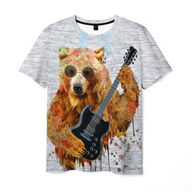 Мужская футболка 3D с принтом Медведь с гитарой в Курске, 100% полиэфир | прямой крой, круглый вырез горловины, длина до линии бедер | Тематика изображения на принте: гитара
