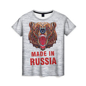Женская футболка 3D с принтом made in Russia в Курске, 100% полиэфир ( синтетическое хлопкоподобное полотно) | прямой крой, круглый вырез горловины, длина до линии бедер | Тематика изображения на принте: bear | made | made in russia | russia | злой | медведь | пасть | русский | я | я русский