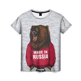Женская футболка 3D с принтом made in Russia в Курске, 100% полиэфир ( синтетическое хлопкоподобное полотно) | прямой крой, круглый вырез горловины, длина до линии бедер | bear | made | made in russia | russia | злой | медведь | пасть | русский | я | я русский