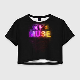 Женская футболка 3D укороченная с принтом Muse в Курске, 100% полиэстер | круглая горловина, длина футболки до линии талии, рукава с отворотами | 