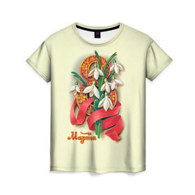 Женская футболка 3D с принтом Подснежники в Курске, 100% полиэфир ( синтетическое хлопкоподобное полотно) | прямой крой, круглый вырез горловины, длина до линии бедер | Тематика изображения на принте: 8 марта | женский | международный | подарок | подснежники | цветы