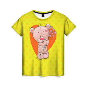 Женская футболка 3D с принтом Мишка с цветочками в Курске, 100% полиэфир ( синтетическое хлопкоподобное полотно) | прямой крой, круглый вырез горловины, длина до линии бедер | Тематика изображения на принте: 8марта | весна | девушкам | милый | мишка | подарок | цветок