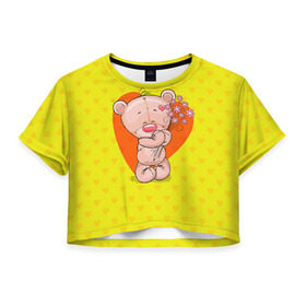 Женская футболка 3D укороченная с принтом Мишка с цветочками в Курске, 100% полиэстер | круглая горловина, длина футболки до линии талии, рукава с отворотами | 8марта | весна | девушкам | милый | мишка | подарок | цветок