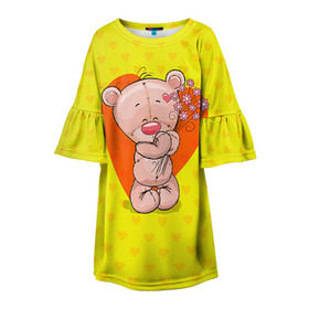 Детское платье 3D с принтом Мишка с цветочками в Курске, 100% полиэстер | прямой силуэт, чуть расширенный к низу. Круглая горловина, на рукавах — воланы | 8марта | весна | девушкам | милый | мишка | подарок | цветок