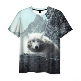 Мужская футболка 3D с принтом Волк в горах в Курске, 100% полиэфир | прямой крой, круглый вырез горловины, длина до линии бедер | animal