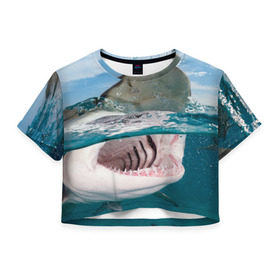 Женская футболка 3D укороченная с принтом Хищная акула в Курске, 100% полиэстер | круглая горловина, длина футболки до линии талии, рукава с отворотами | акула | море | океан | природа | хищник
