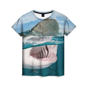 Женская футболка 3D с принтом Хищная акула в Курске, 100% полиэфир ( синтетическое хлопкоподобное полотно) | прямой крой, круглый вырез горловины, длина до линии бедер | акула | море | океан | природа | хищник