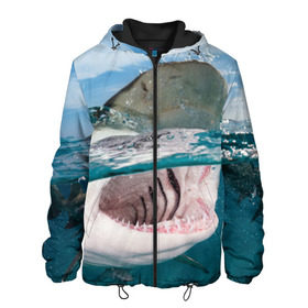 Мужская куртка 3D с принтом Хищная акула в Курске, ткань верха — 100% полиэстер, подклад — флис | прямой крой, подол и капюшон оформлены резинкой с фиксаторами, два кармана без застежек по бокам, один большой потайной карман на груди. Карман на груди застегивается на липучку | Тематика изображения на принте: акула | море | океан | природа | хищник