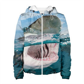 Женская куртка 3D с принтом Хищная акула в Курске, ткань верха — 100% полиэстер, подклад — флис | прямой крой, подол и капюшон оформлены резинкой с фиксаторами, два кармана без застежек по бокам, один большой потайной карман на груди. Карман на груди застегивается на липучку | акула | море | океан | природа | хищник