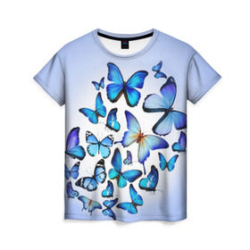 Женская футболка 3D с принтом Бабочки в Курске, 100% полиэфир ( синтетическое хлопкоподобное полотно) | прямой крой, круглый вырез горловины, длина до линии бедер | 8 марта | бабочки | девушкам | подарок