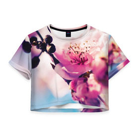 Женская футболка 3D укороченная с принтом Цветущая вишня в Курске, 100% полиэстер | круглая горловина, длина футболки до линии талии, рукава с отворотами | вишня | дерево | небо | природа | черешня | ягода