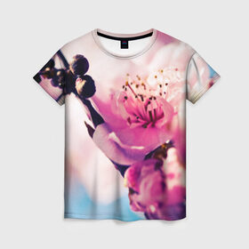 Женская футболка 3D с принтом Цветущая вишня в Курске, 100% полиэфир ( синтетическое хлопкоподобное полотно) | прямой крой, круглый вырез горловины, длина до линии бедер | вишня | дерево | небо | природа | черешня | ягода