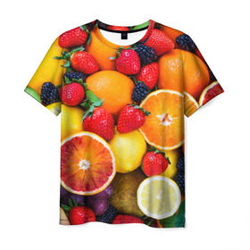 Мужская футболка 3D с принтом Мультифрукт в Курске, 100% полиэфир | прямой крой, круглый вырез горловины, длина до линии бедер | Тематика изображения на принте: апельсин | ежевика | киви | клубника | лимон | яблоко
