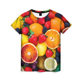 Женская футболка 3D с принтом Мультифрукт в Курске, 100% полиэфир ( синтетическое хлопкоподобное полотно) | прямой крой, круглый вырез горловины, длина до линии бедер | апельсин | ежевика | киви | клубника | лимон | яблоко