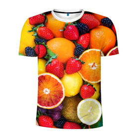 Мужская футболка 3D спортивная с принтом Мультифрукт в Курске, 100% полиэстер с улучшенными характеристиками | приталенный силуэт, круглая горловина, широкие плечи, сужается к линии бедра | Тематика изображения на принте: апельсин | ежевика | киви | клубника | лимон | яблоко