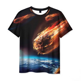 Мужская футболка 3D с принтом Метеориты в Курске, 100% полиэфир | прямой крой, круглый вырез горловины, длина до линии бедер | Тематика изображения на принте: астероид | земля | космос | метеор | планета