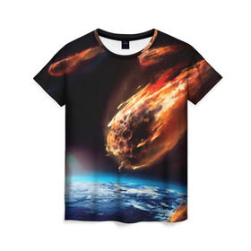 Женская футболка 3D с принтом Метеориты в Курске, 100% полиэфир ( синтетическое хлопкоподобное полотно) | прямой крой, круглый вырез горловины, длина до линии бедер | астероид | земля | космос | метеор | планета