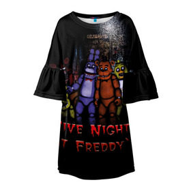 Детское платье 3D с принтом Five Nights At Freddy`s в Курске, 100% полиэстер | прямой силуэт, чуть расширенный к низу. Круглая горловина, на рукавах — воланы | five nights at freddys | five nights at freddys по мотивам игрыfreddy | игры | мишка | фнаф | фредди