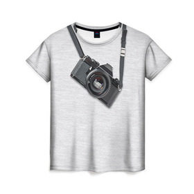 Женская футболка 3D с принтом Фотоаппарат на груди в Курске, 100% полиэфир ( синтетическое хлопкоподобное полотно) | прямой крой, круглый вырез горловины, длина до линии бедер | camera | зеркалка | камера | фотик | фото | фотоаппарат | фотографировать