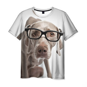 Мужская футболка 3D с принтом Собака в очках в Курске, 100% полиэфир | прямой крой, круглый вырез горловины, длина до линии бедер | в очках | дог | животное | очки | прикол | пятнистый | собака | щенок